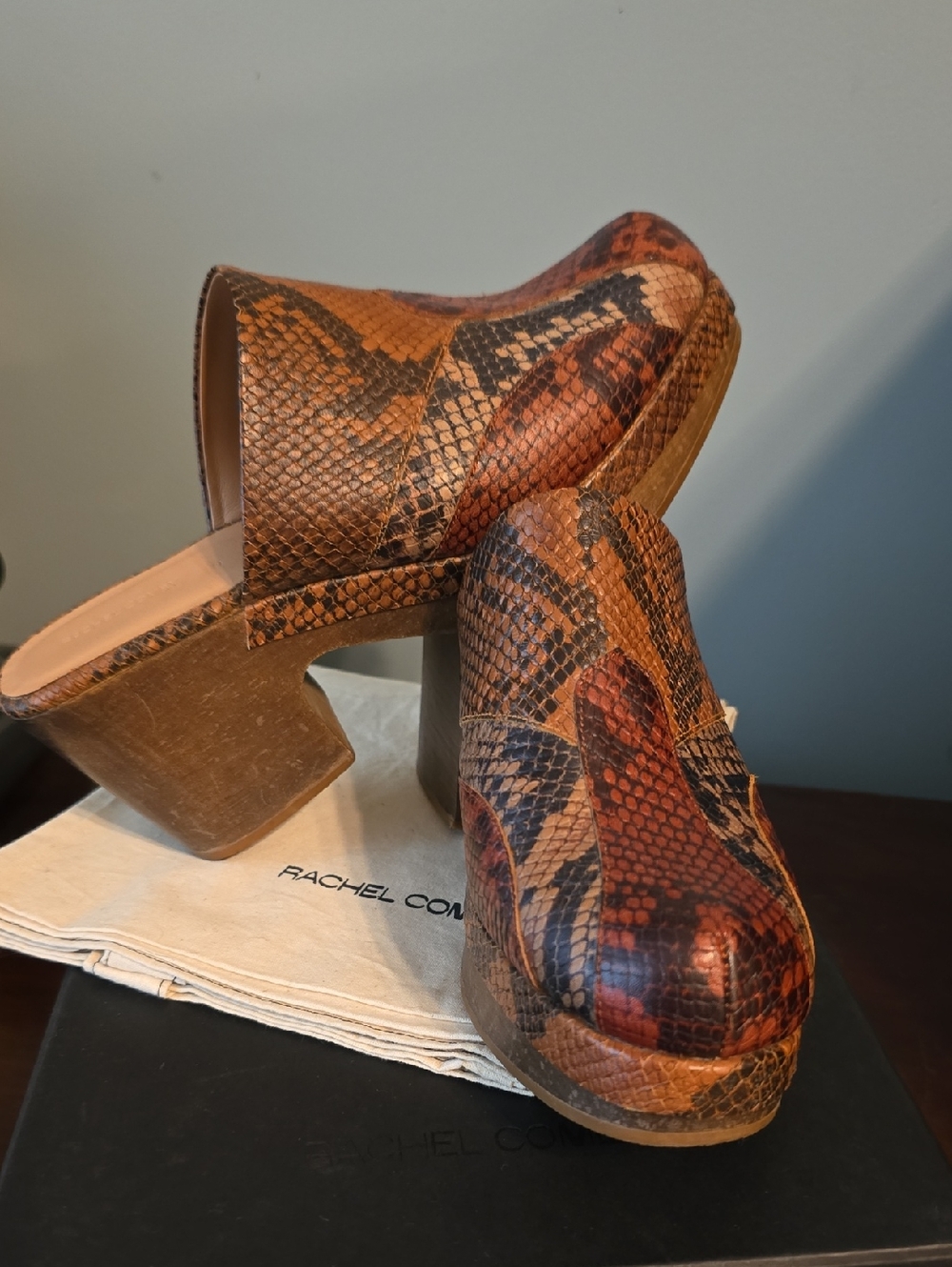 Rachel Comey Brown Multi Python-Print Leather Clogs with Chunky Heel